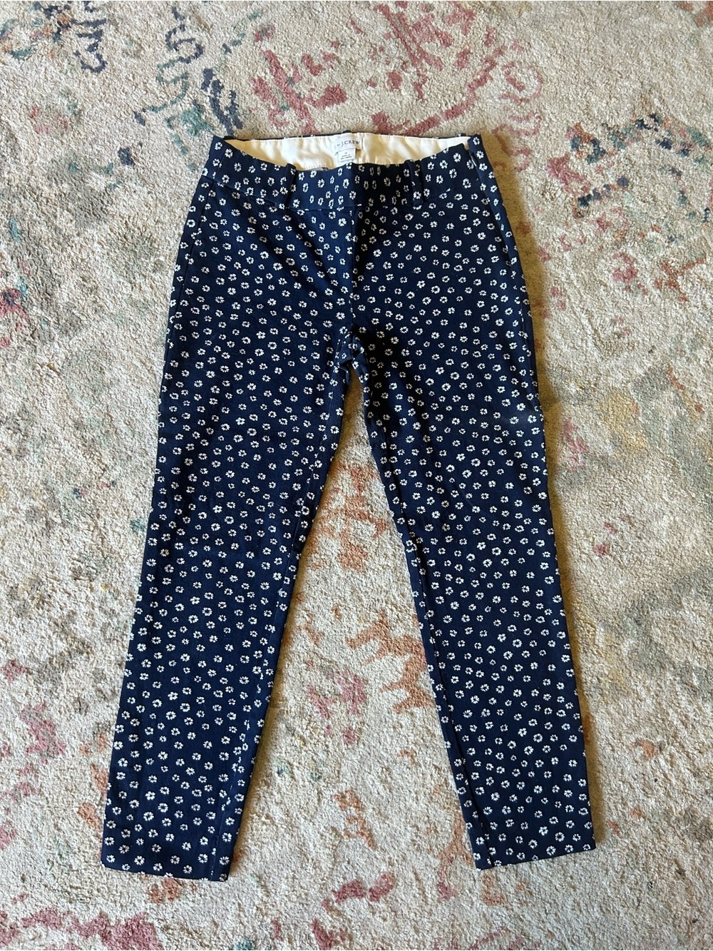 J. Crew Navy Ankle Pants with White Floral Dot Print